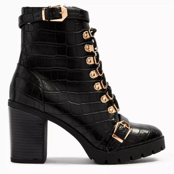 Miss Selfridge Limited Edition burgundy Croc High Block Heel Ankle Boot - Picture 1 of 3